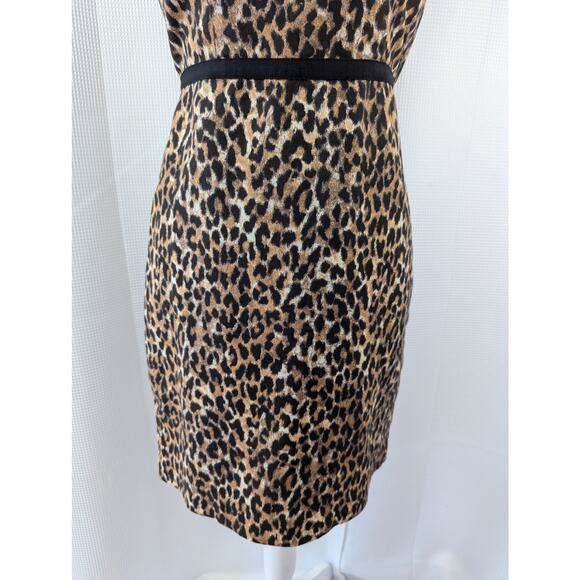 ANN TAYLOR LOFT PETITES! BLACK/BROWN GROSGRAIN RIBBON WAIST LEOPARD DRESS! SZ 2P - Picture 4 of 9